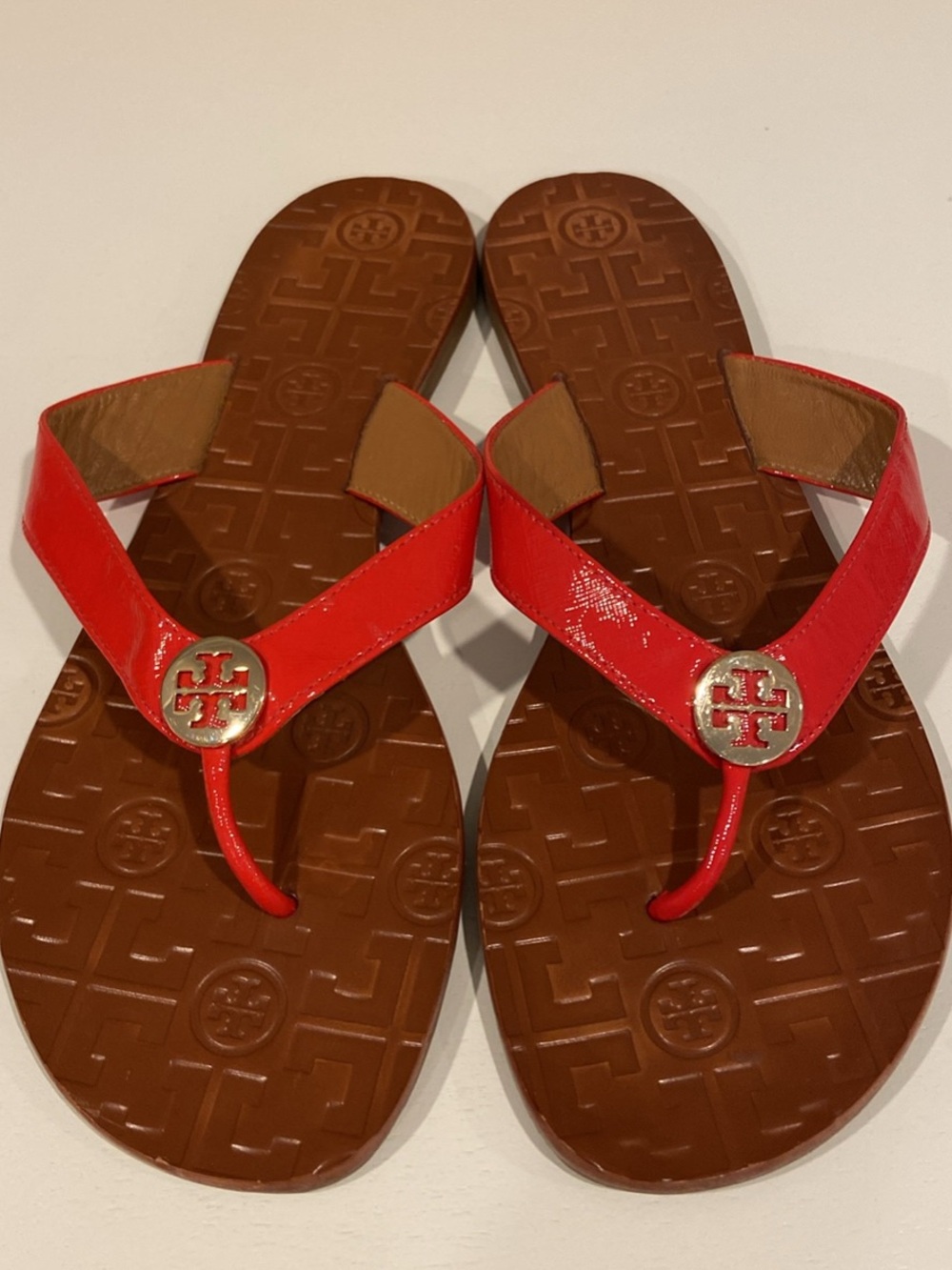 Tory Burch Red Patent Logo Thong Sandals with Brown Footbed